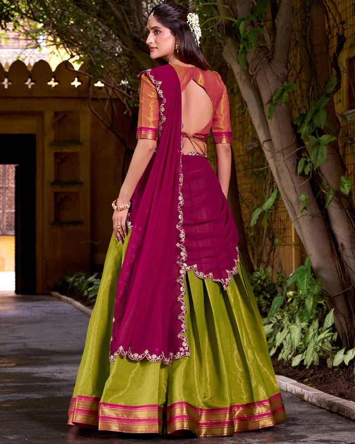 Designer Parrot Green Color Kanchipuram Zari Weaving Half Saree