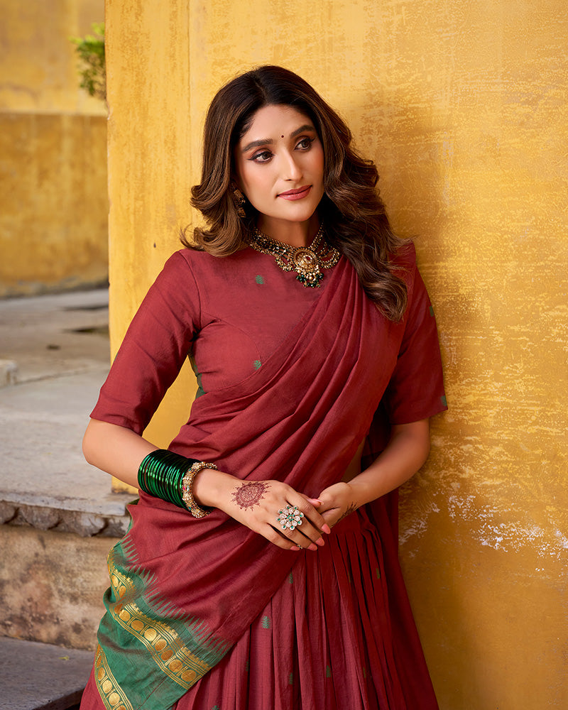 Elegant Maroon Chanderi cotton half saree lehenga choli