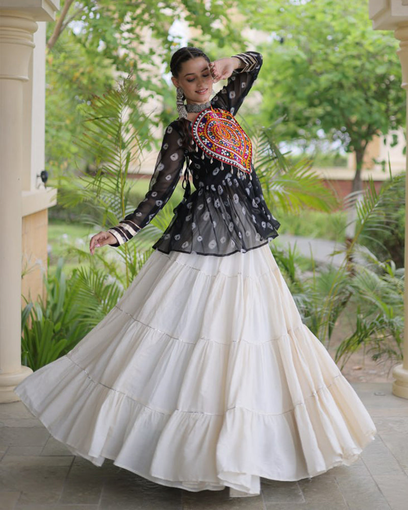 Black Color Bandhani Printed With Kora Cotton Navratri Lehenga Set