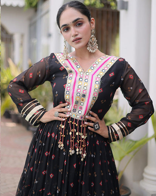 Black Color Faux Georgette Leheriya Print Navratri Gown