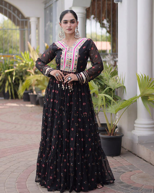 Black Color Faux Georgette Leheriya Print Navratri Gown