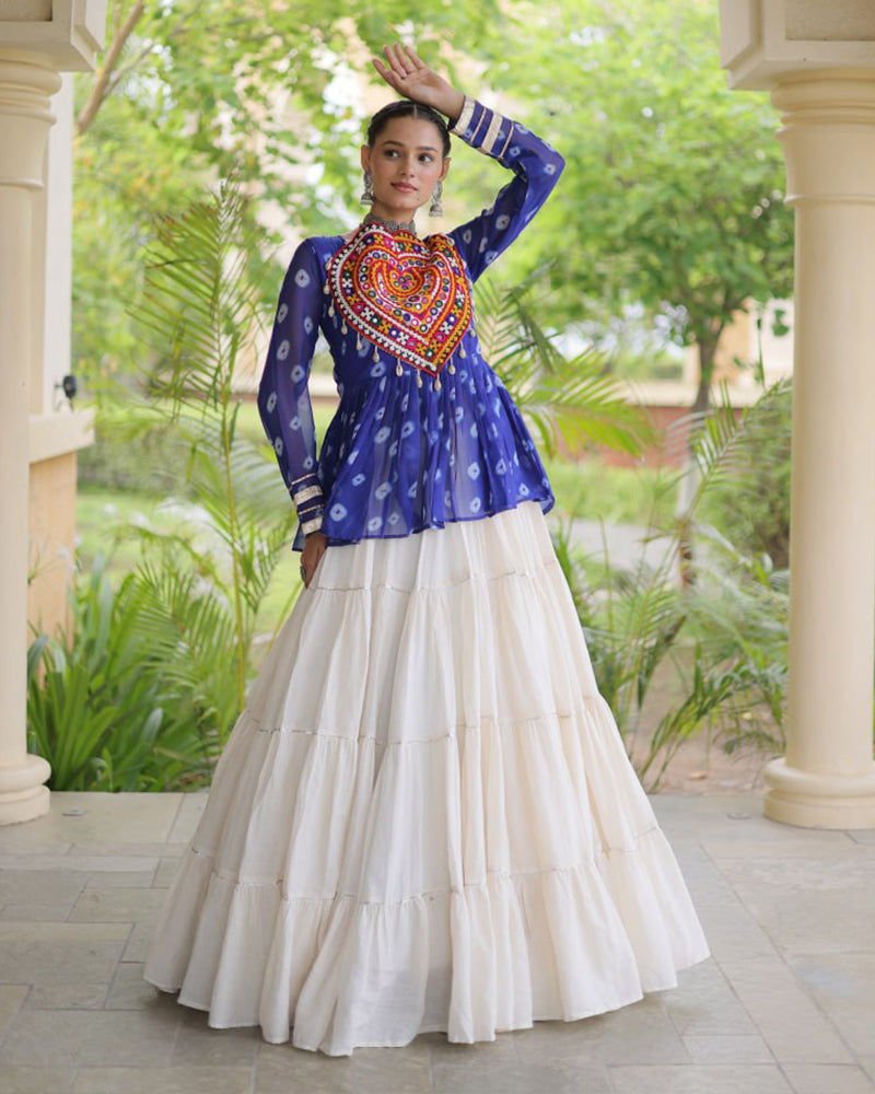 Blue Color Bandhani Printed With Kora Cotton Navratri Lehenga Set