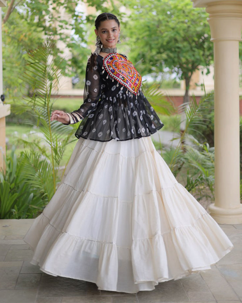 Black Color Bandhani Printed With Kora Cotton Navratri Lehenga Set