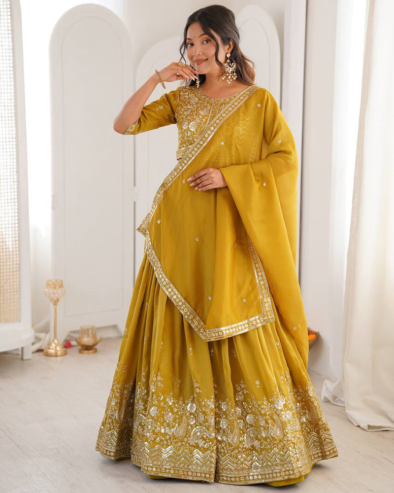 Yellow Color Shimmer Silk Lehenga Choli