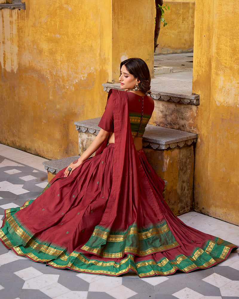 Elegant Maroon Chanderi cotton half saree lehenga choli
