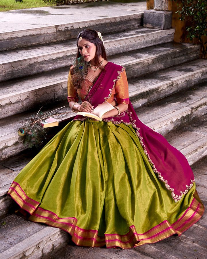 Designer Parrot Green Color Kanchipuram Zari Weaving Half Saree