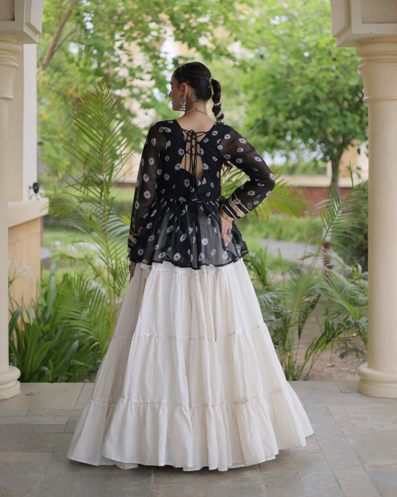 Black Color Bandhani Printed With Kora Cotton Navratri Lehenga Set