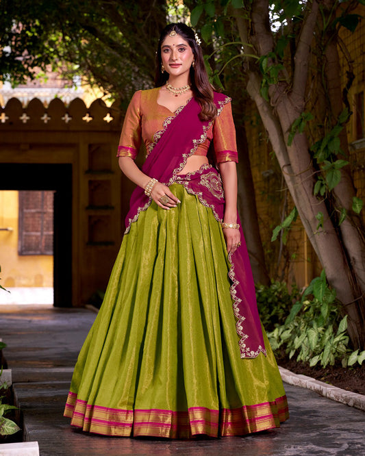 Designer Parrot Green Color Kanchipuram Zari Weaving Half Saree