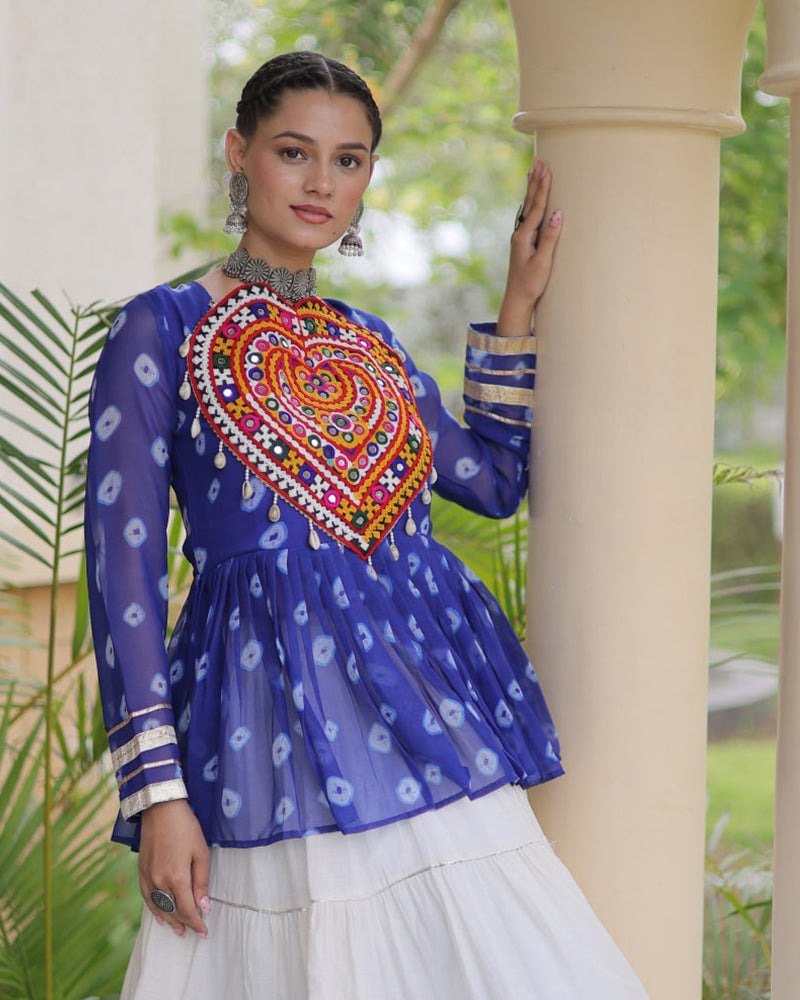 Blue Color Bandhani Printed With Kora Cotton Navratri Lehenga Set