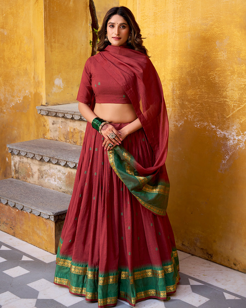 Elegant Maroon Chanderi cotton half saree lehenga choli