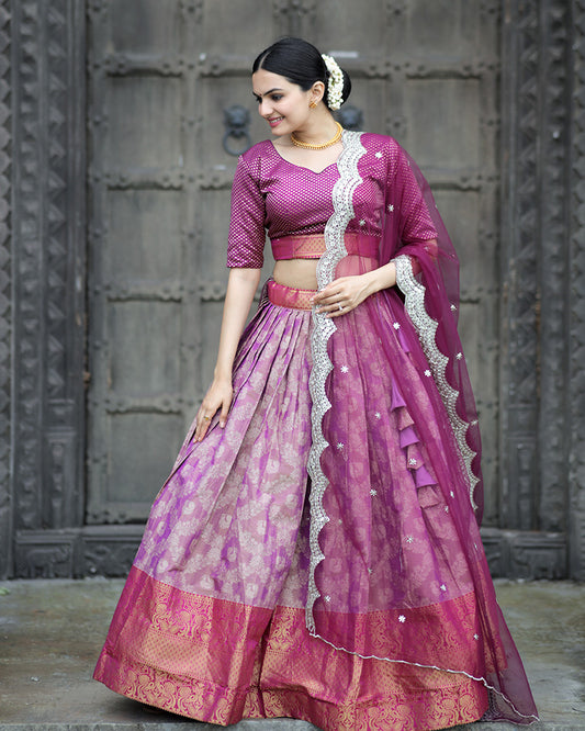 Wine Color Kanjivaram Pattu Silk Designer Half Saree