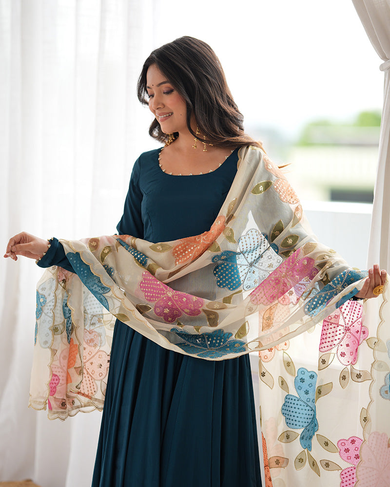 Teal Blue Roman Silk Three Piece Anarkali Suit