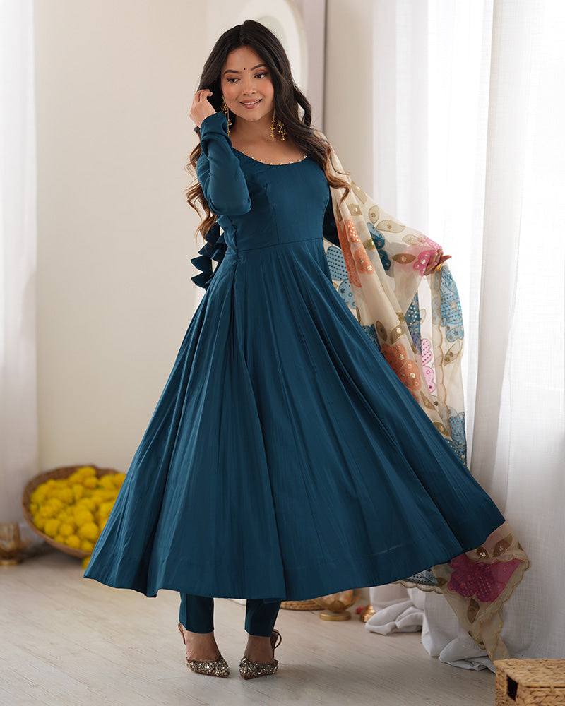 Teal Blue Roman Silk Three Piece Anarkali Suit