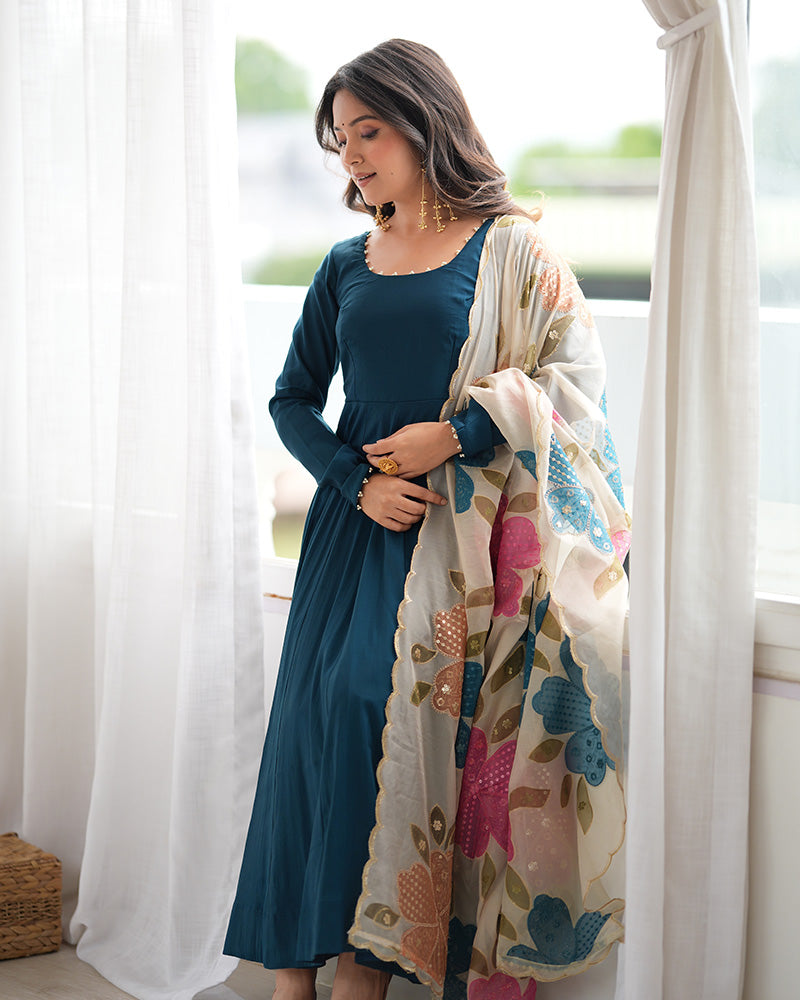 Teal Blue Roman Silk Three Piece Anarkali Suit