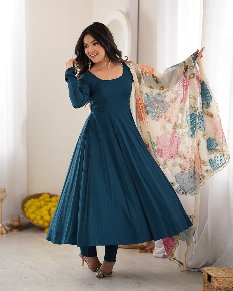 Teal Blue Roman Silk Three Piece Anarkali Suit
