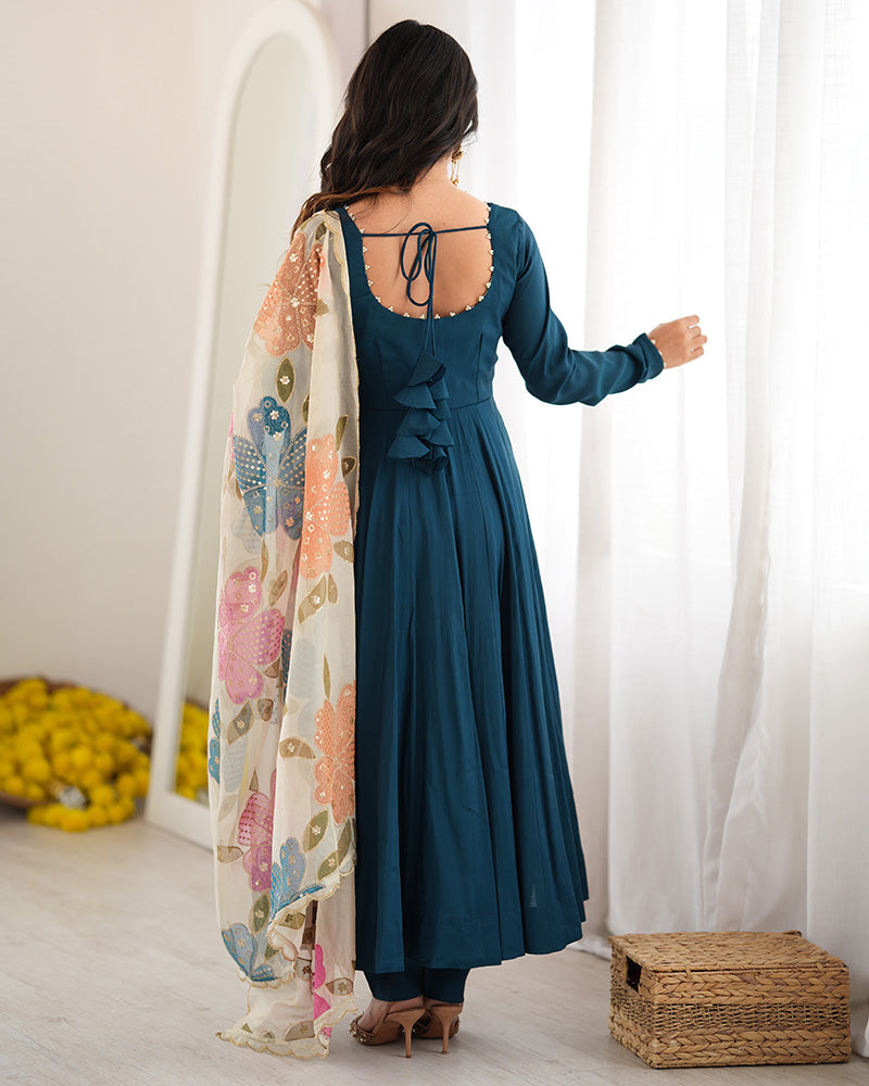 Teal Blue Roman Silk Three Piece Anarkali Suit