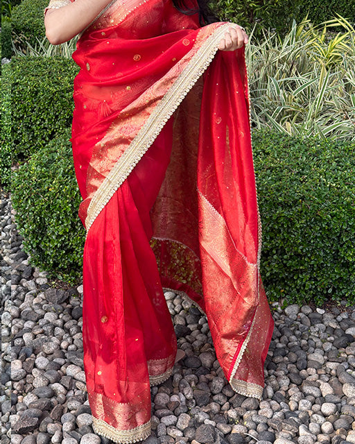 Red Color Soft Banarasi Tissue Silk Stone Work Saree