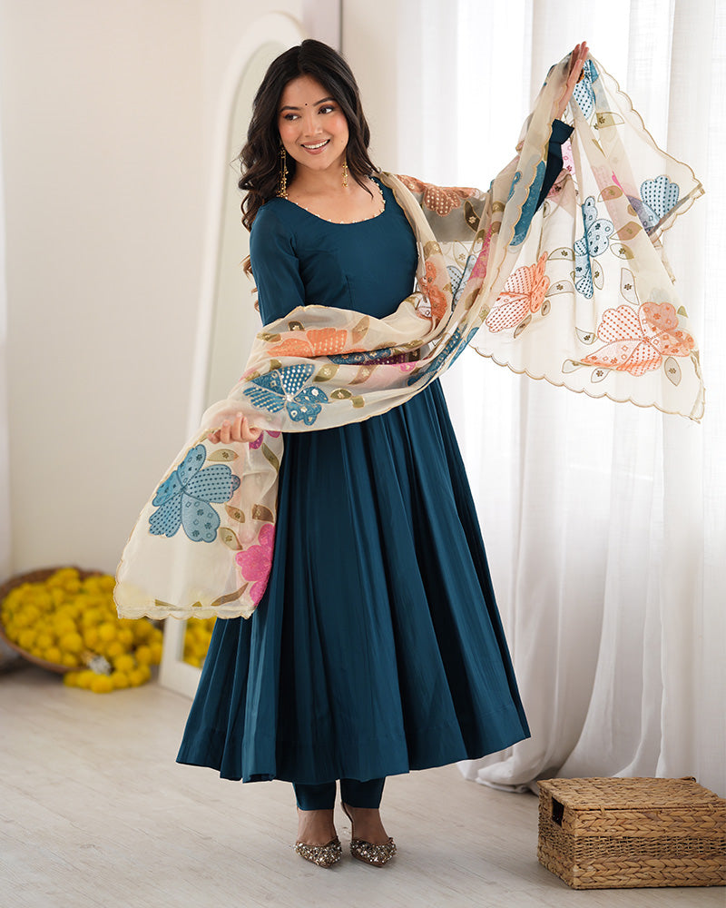 Teal Blue Roman Silk Three Piece Anarkali Suit