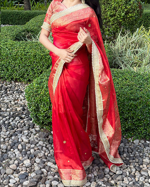 Red Color Soft Banarasi Tissue Silk Stone Work Saree