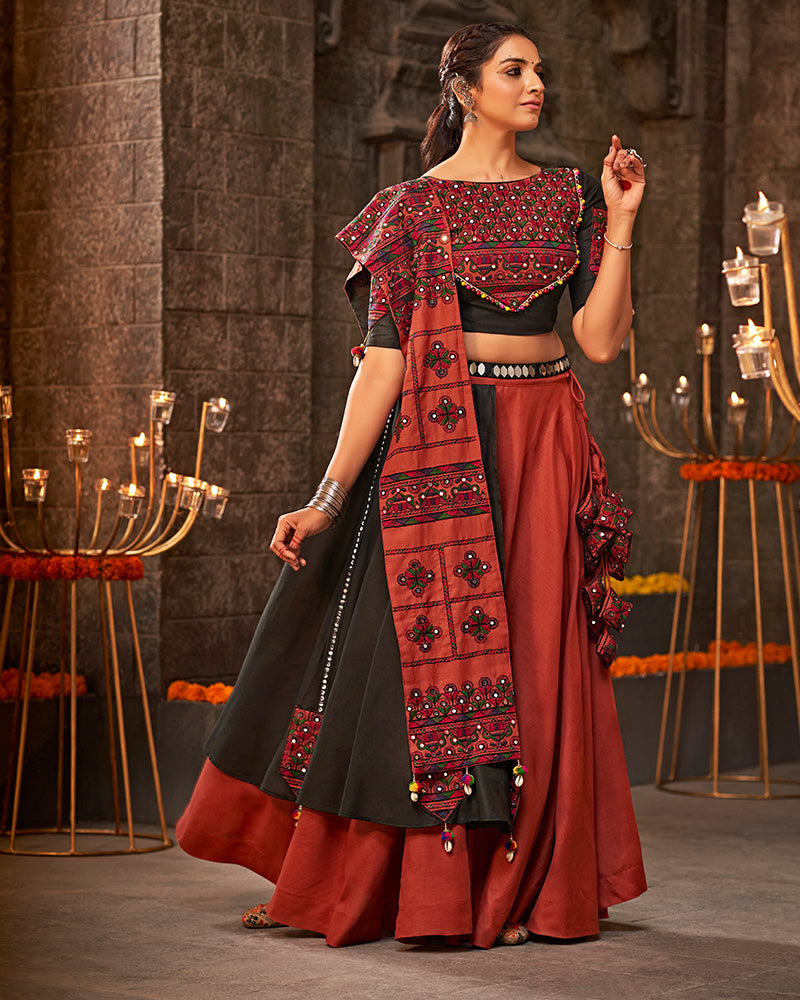 Orange Color Cotton Thread With Mirror Work Navratri Lehenga Choli