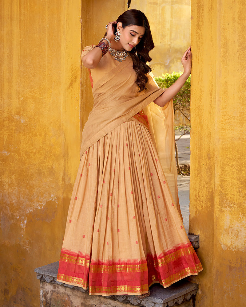 Elegant Cream Pure Chanderi Half Saree With Zari Weaving