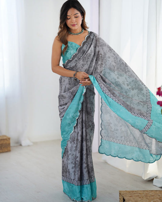 Grey Color Chinnon Silk Digital Printed Saree