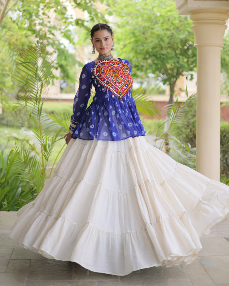 Blue Color Bandhani Printed With Kora Cotton Navratri Lehenga Set
