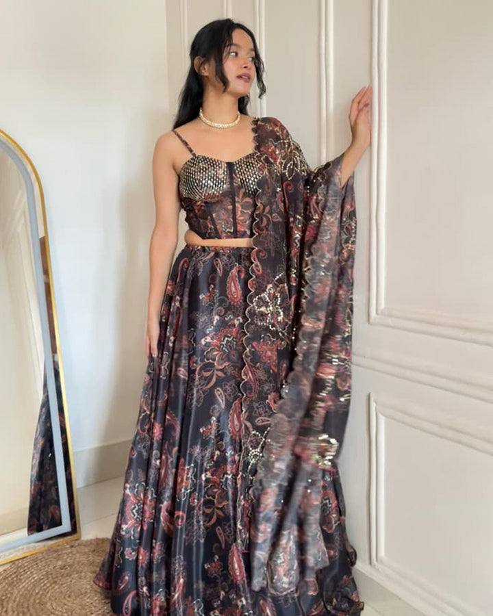 Grey Color Pure Organza Digital Printed Lehenga Choli