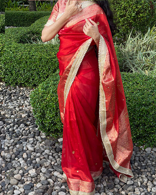 Red Color Soft Banarasi Tissue Silk Stone Work Saree