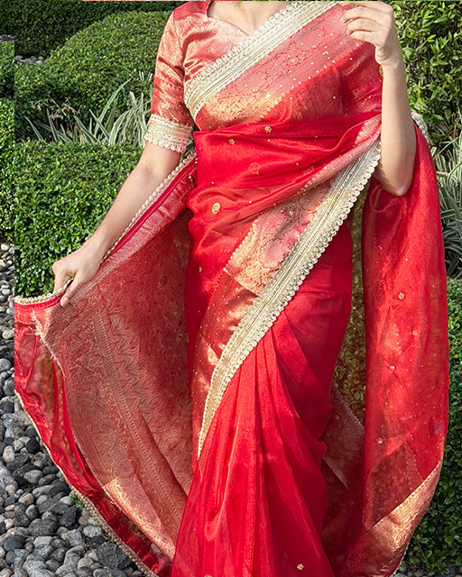 Red Color Soft Banarasi Tissue Silk Stone Work Saree