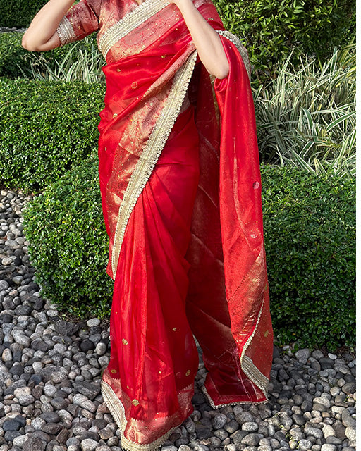 Red Color Soft Banarasi Tissue Silk Stone Work Saree