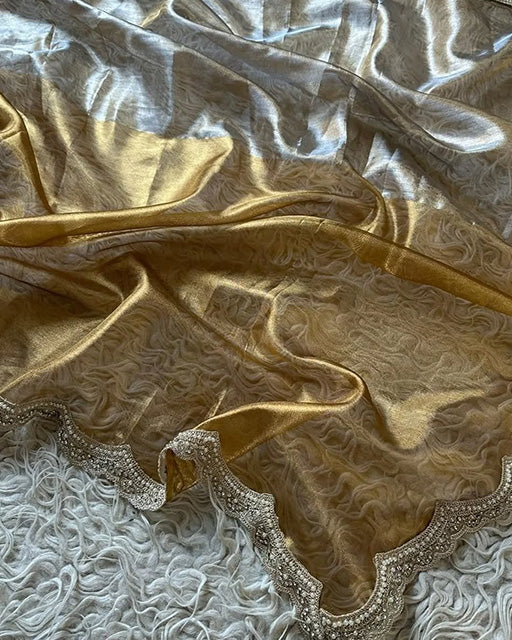 Golden And SIlver Color Metallic Bridal Tissue Silk Saree