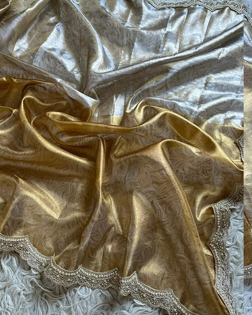 Golden And SIlver Color Metallic Bridal Tissue Silk Saree