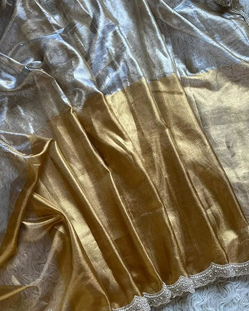 Golden And SIlver Color Metallic Bridal Tissue Silk Saree