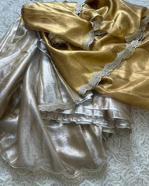 Golden And SIlver Color Metallic Bridal Tissue Silk Saree