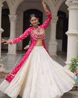 Pink Color Bandhani Print Kurti With Kora Cotton Lehenga