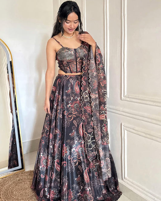 Grey Color Pure Organza Digital Printed Lehenga Choli