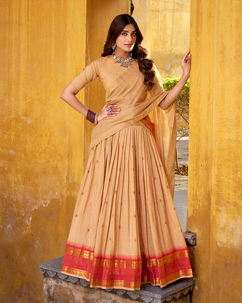 Elegant Cream Pure Chanderi Half Saree With Zari Weaving