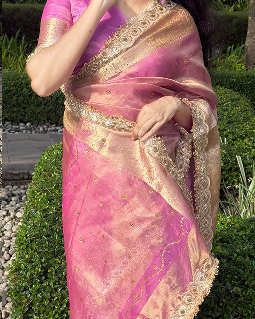 Pink Color Banarasi Tissue Silk Stone Work Saree