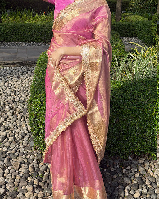 Pink Color Banarasi Tissue Silk Stone Work Saree