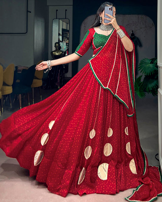 Red Color Satin Chiffon Bandhani Print Navratri Lehenga Choli