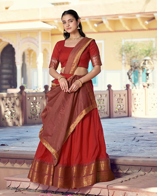 Orange Color Poly Cotton Zari Weaving Half Saree