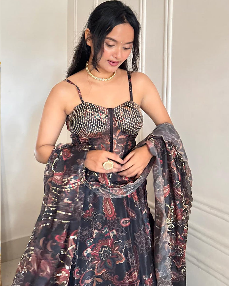 Grey Color Pure Organza Digital Printed Lehenga Choli