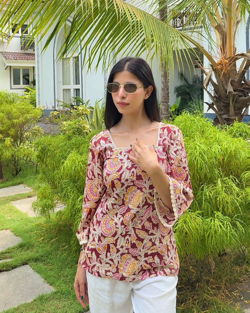 Maroon-Mustard Color Pure Cotton Floral Printed Tunic