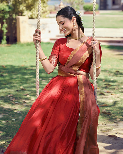 Orange Color Poly Cotton Zari Weaving Half Saree