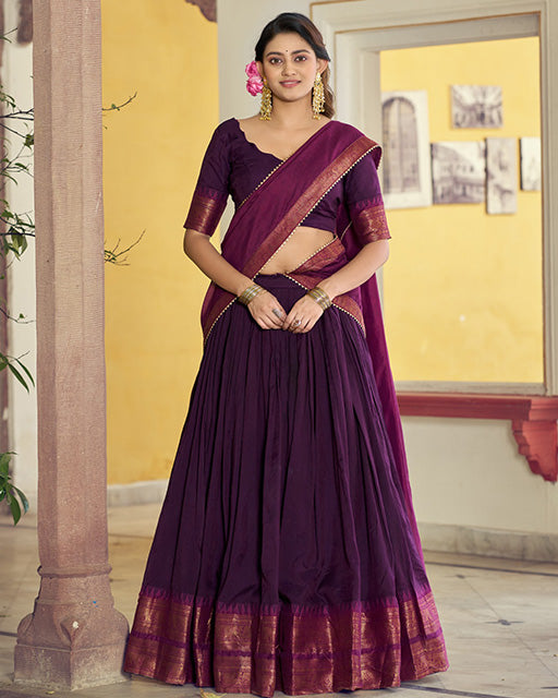 Purple Color Poly Cotton Zari Weaving Half Saree