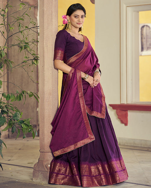 Purple Color Poly Cotton Zari Weaving Half Saree