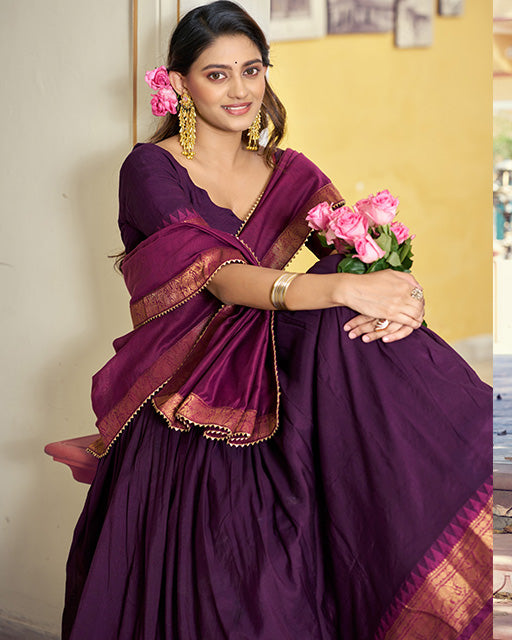 Purple Color Poly Cotton Zari Weaving Half Saree