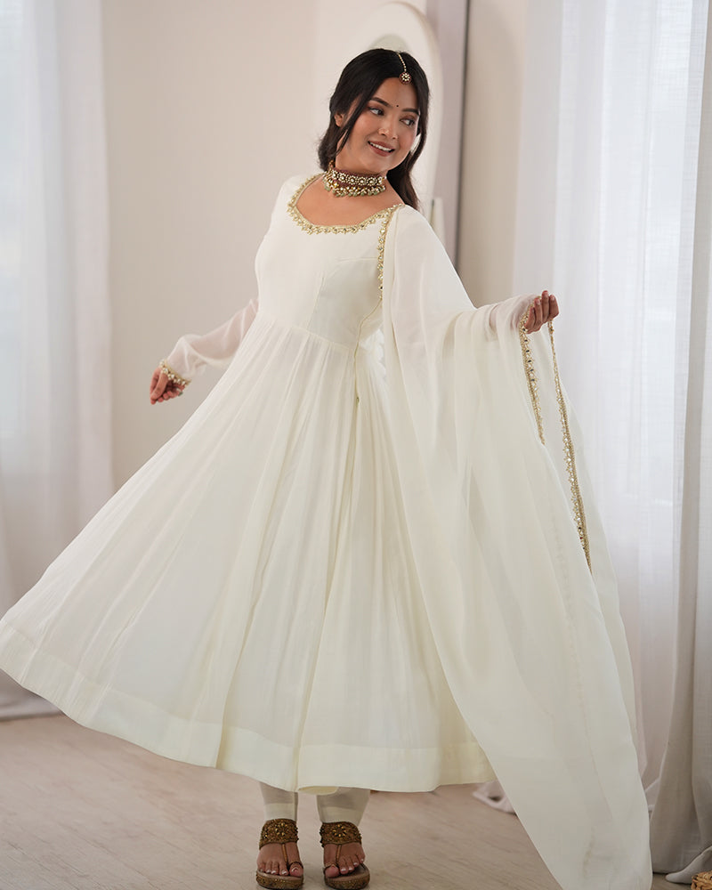 Off White Pure Mal Chanderi Three Piece Anarkali Suit