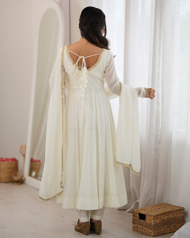 Off White Pure Mal Chanderi Three Piece Anarkali Suit